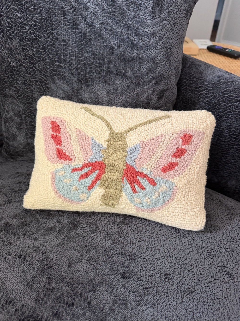 Handmade Butterfly Hooked Pillow - Cream, Pink, Blue